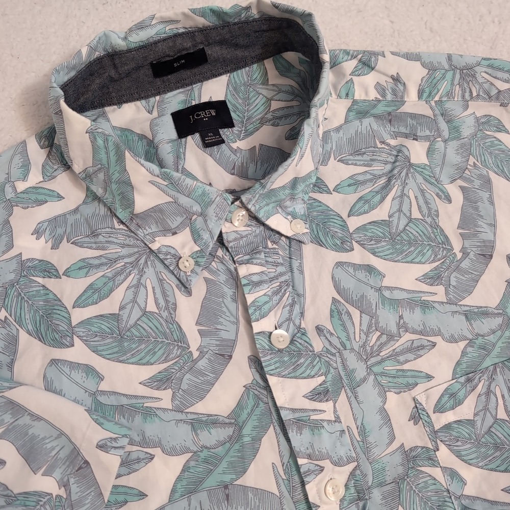 J Crew Mens XL Floral Button Down Slim Light Blue/Green White Lightweight